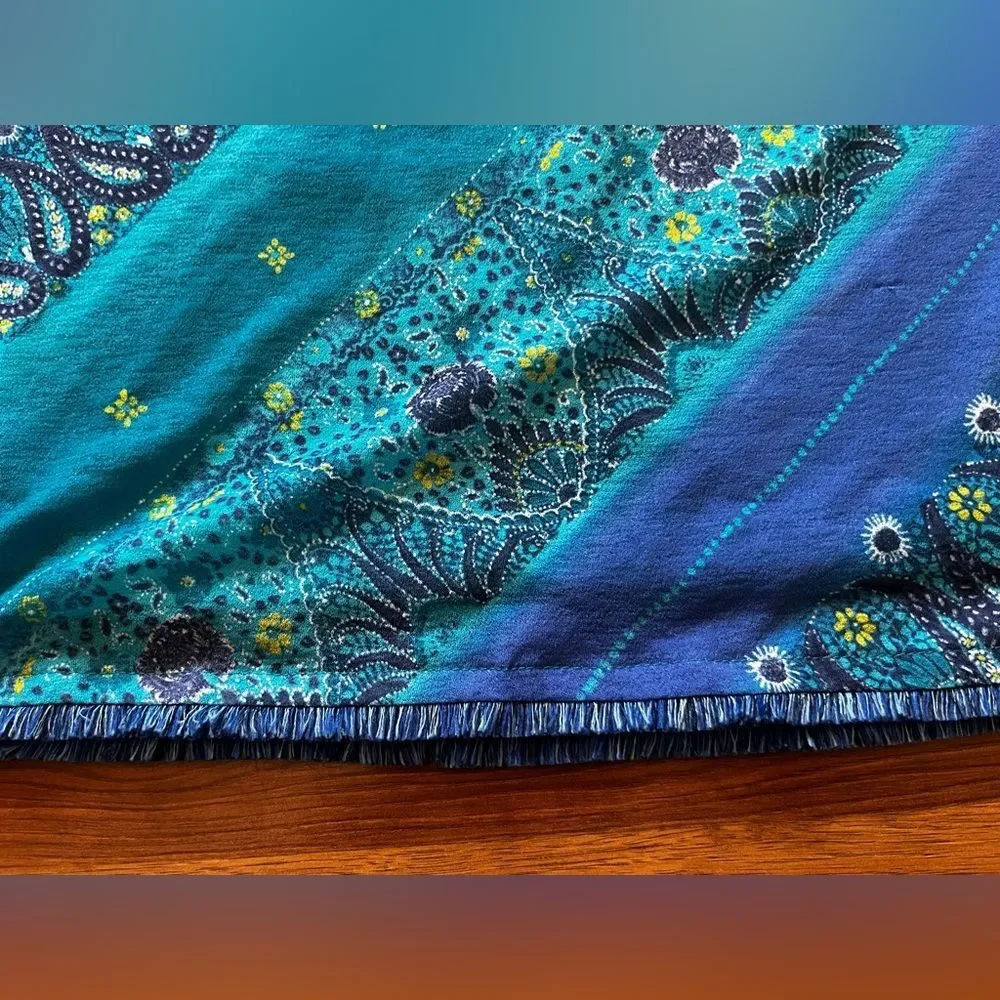 True Vintage Y2K Blue Boho Print Pull on Skirt Frayed Hem Size Large